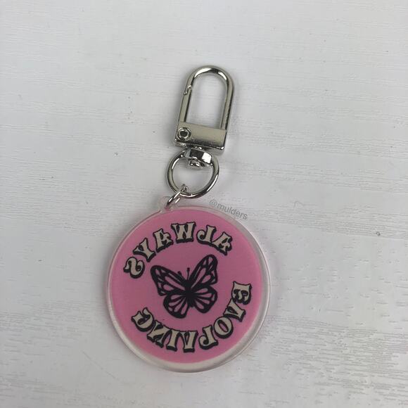 Acrylic Pink "Always Evolving" Butterfly Insect Key Chain or Bag Charm - Picture 4 of 5